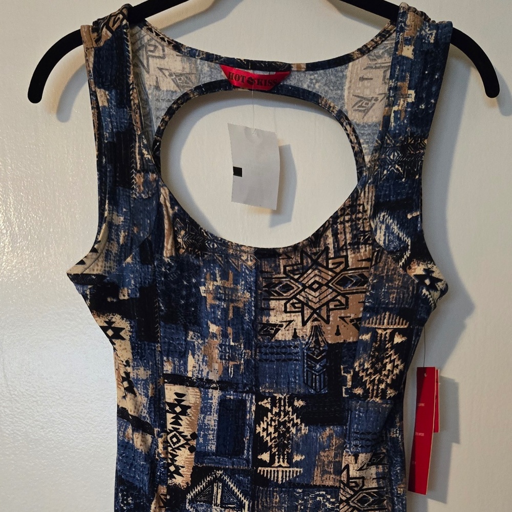 Hot Kiss Navy Blue and Beige Aztec-Print Mini Dress